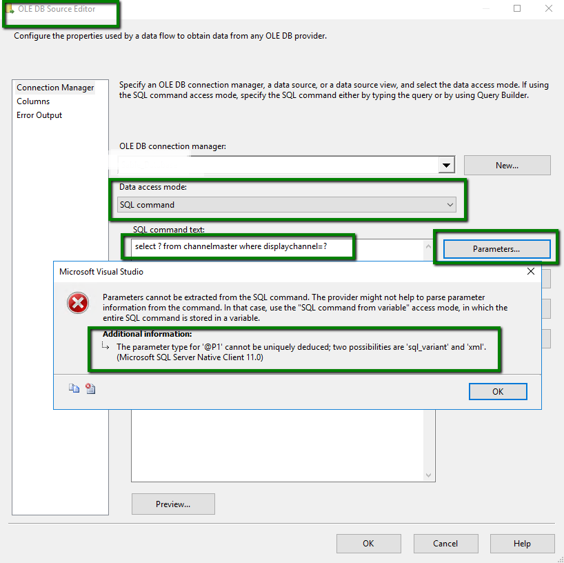 SSIS: The parameter type for ‘@P1’ cannot be uniquely deduced; two ...